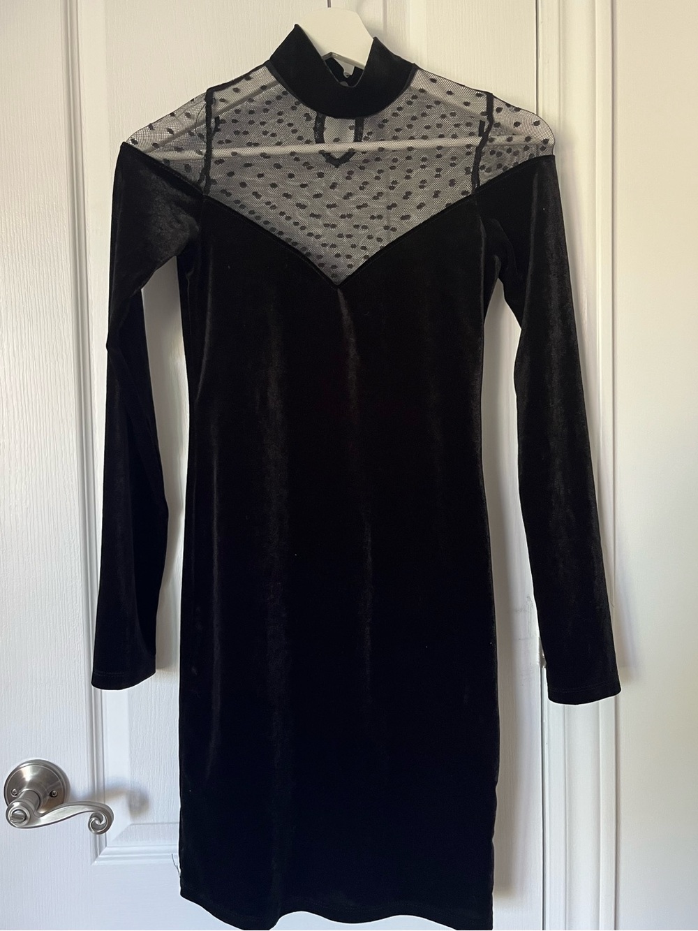 Arden Vintage Black Velvet Mesh-Yoke Long Sleeve Dress